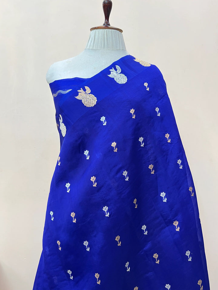 Royal Blue Kora Silk Banarasi Saree with Golden Zari Motifs