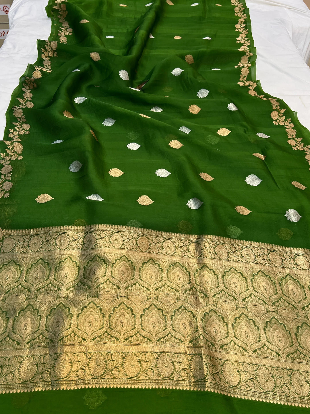 Mehendi Green Kora Silk Banarasi Saree with Golden Zari Motifs