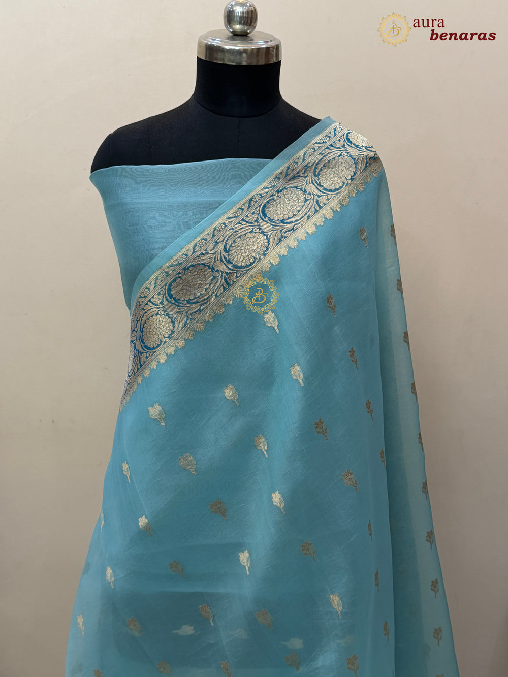 Sky Blue Pure Kora Silk Banarasi Saree with Kadhwa Butis – Aura Benaras