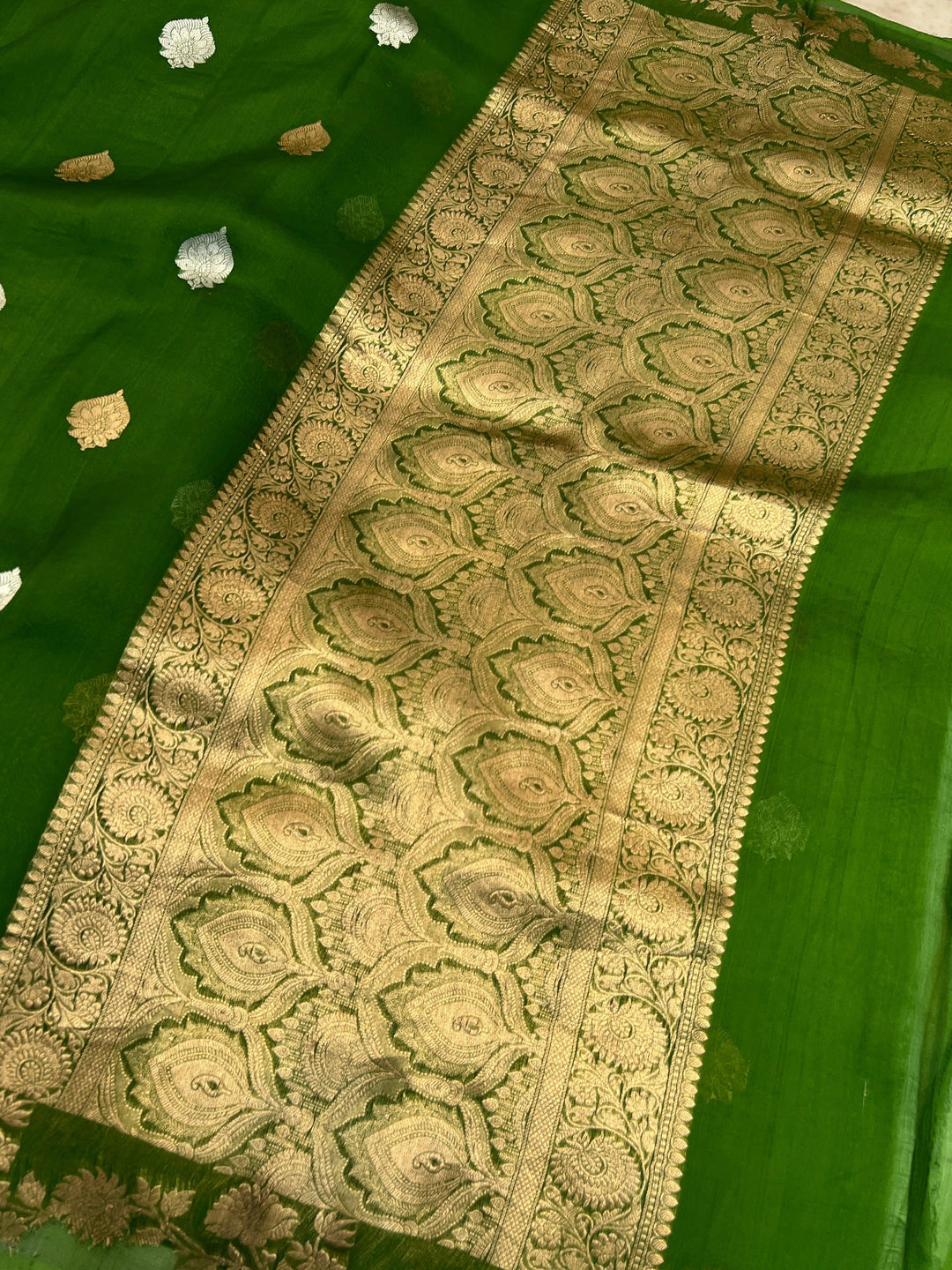 Mehendi Green Kora Silk Banarasi Saree with Golden Zari Motifs