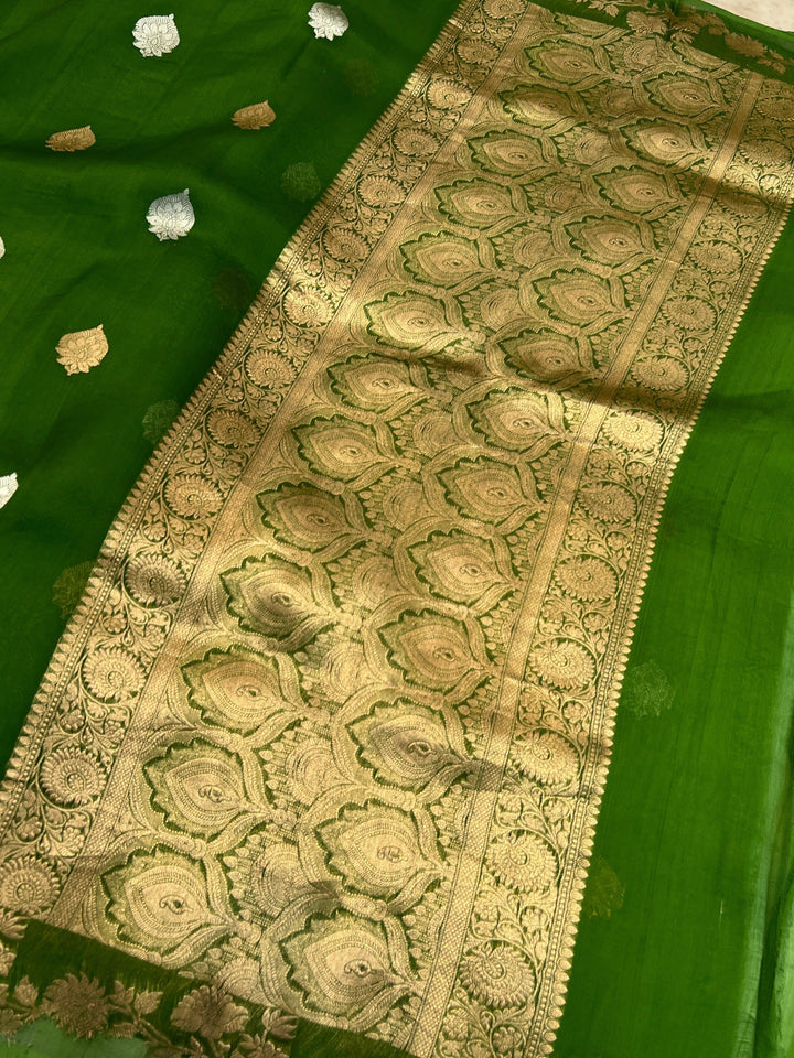 Mehendi Green Kora Silk Banarasi Saree with Golden Zari Motifs