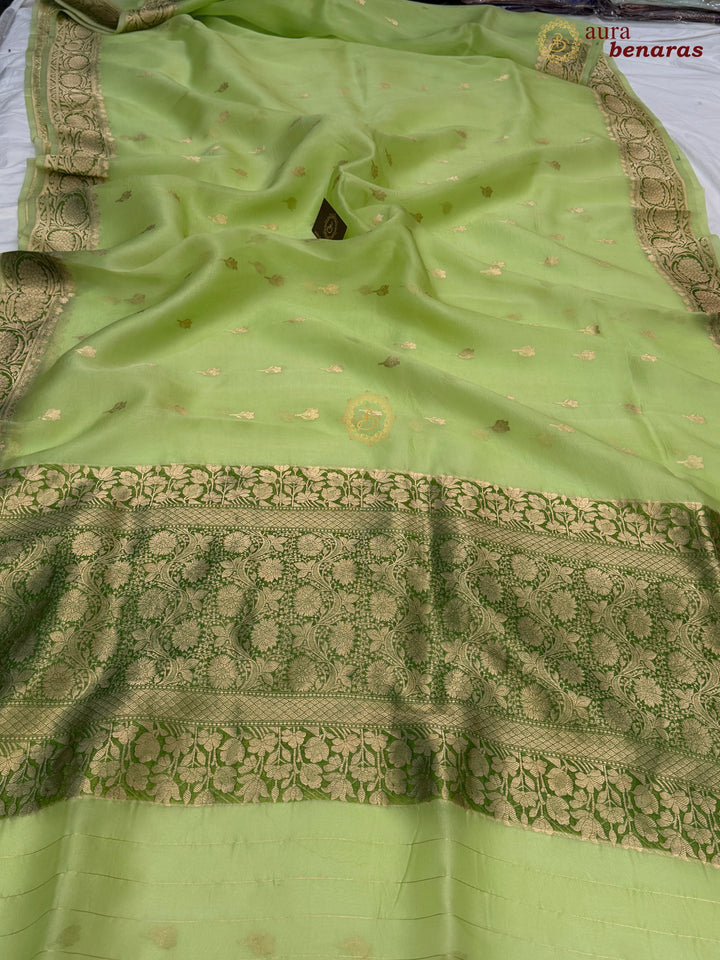Lime Green Pure Kora Silk Banarasi Saree with Kadhwa Butis – Aura Benaras