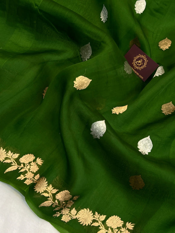 Mehendi Green Kora Silk Banarasi Saree with Golden Zari Motifs