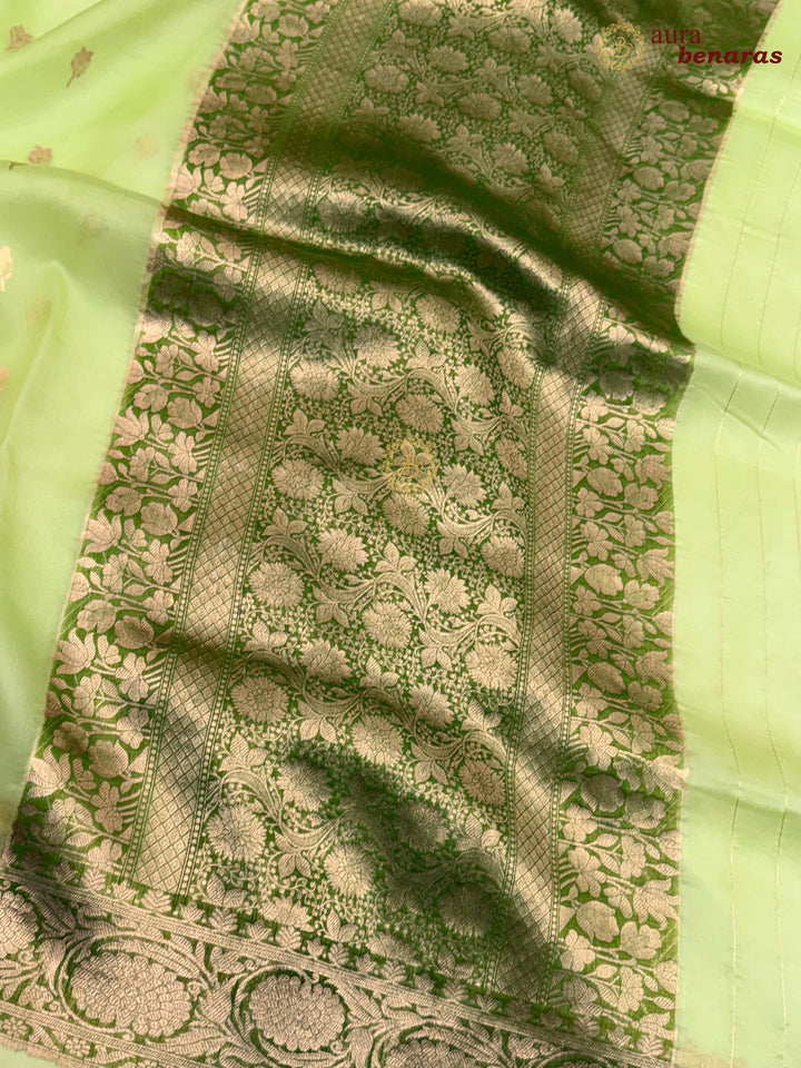 Lime Green Pure Kora Silk Banarasi Saree with Kadhwa Butis – Aura Benaras