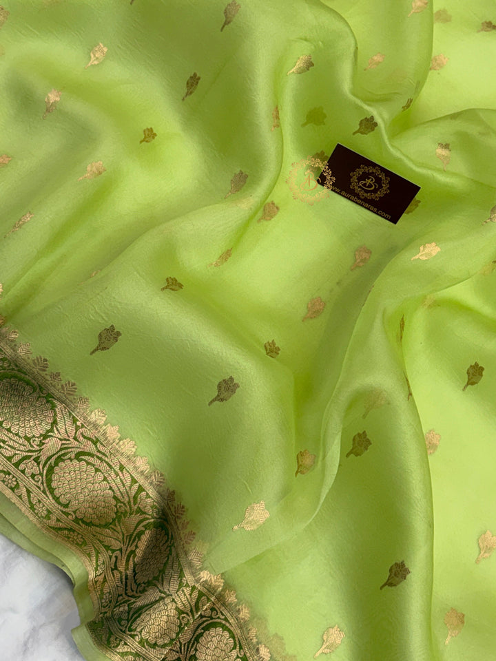Lime Green Pure Kora Silk Banarasi Saree with Kadhwa Butis – Aura Benaras