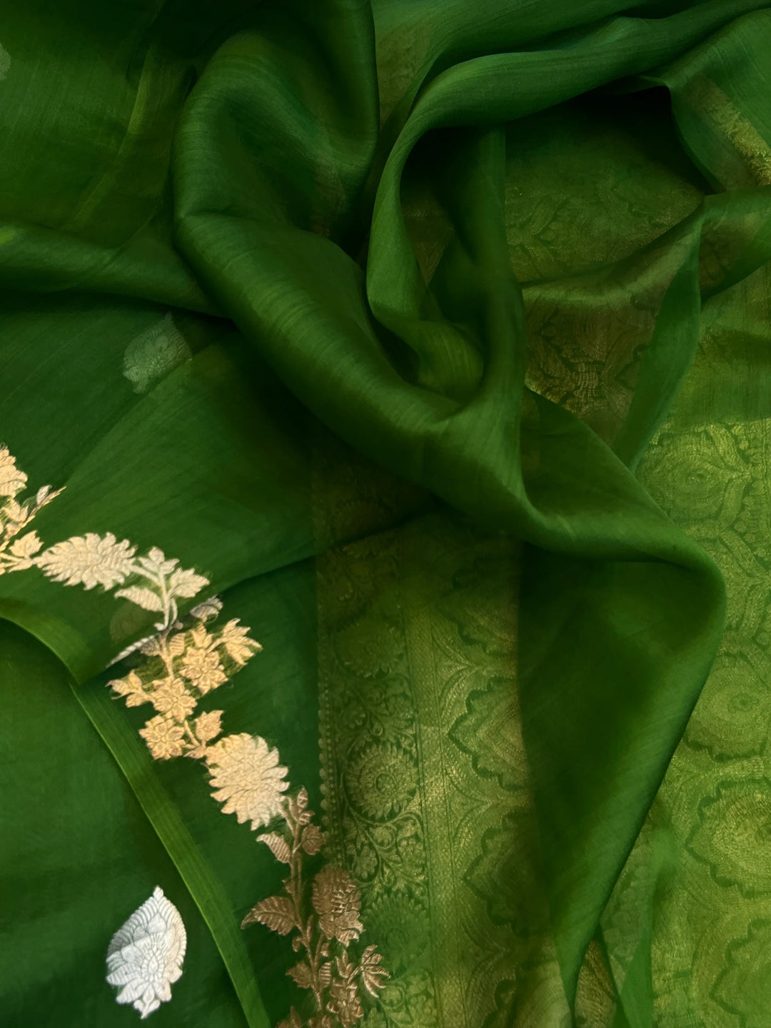 Mehendi Green Kora Silk Banarasi Saree with Golden Zari Motifs