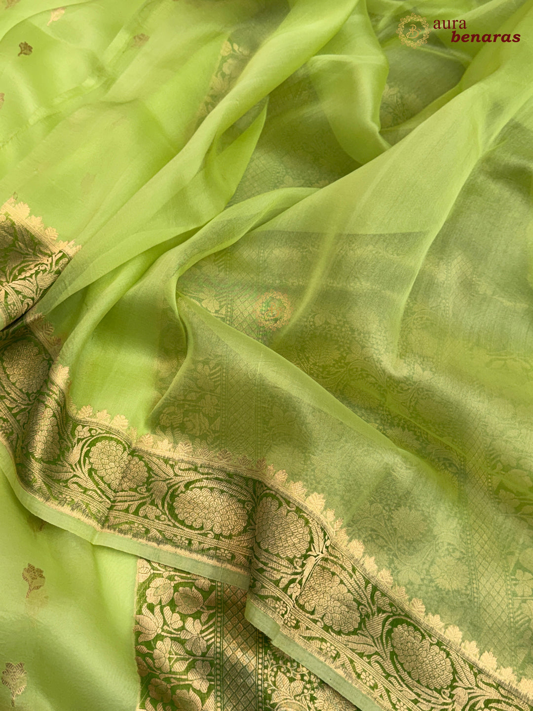Lime Green Pure Kora Silk Banarasi Saree with Kadhwa Butis – Aura Benaras