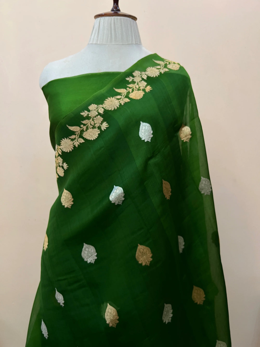 Mehendi Green Kora Silk Banarasi Saree with Golden Zari Motifs