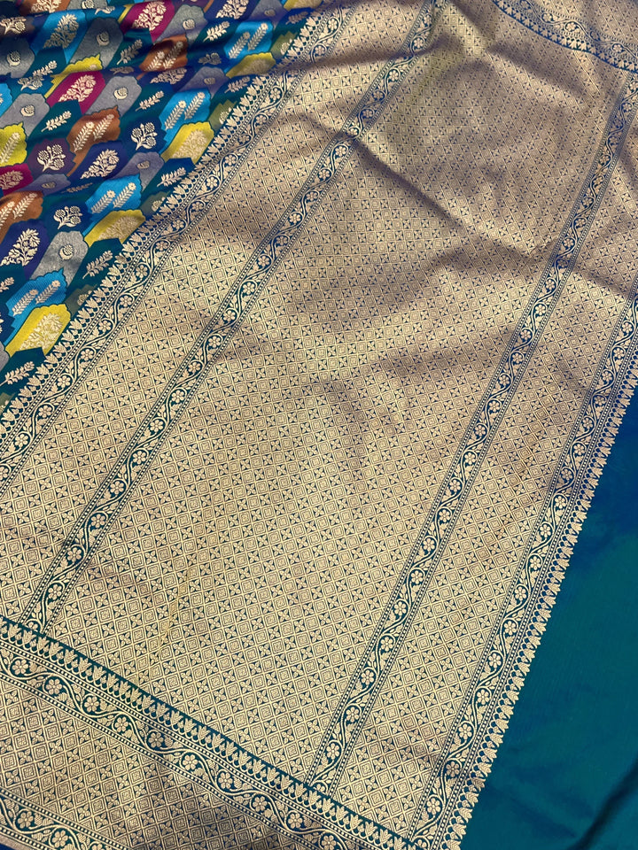 Buy Peacock Shade Rangkaat Banarasi Katan Silk Saree 
