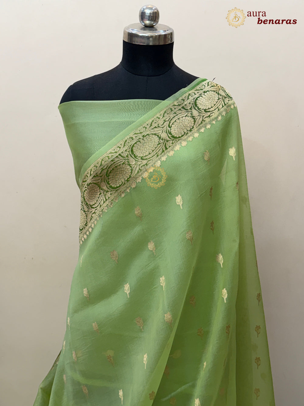 Lime Green Pure Kora Silk Banarasi Saree with Kadhwa Butis – Aura Benaras
