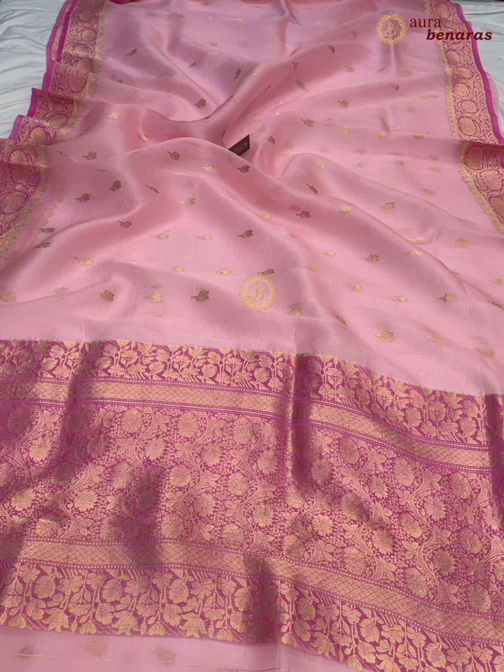 Baby Pink Pure Kora Silk Banarasi Saree with Kadhwa Butis – Aura Benaras