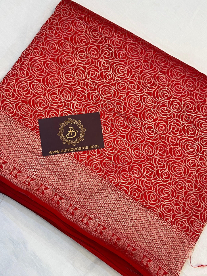 Folded view of pure Katan silk handloom Banarasi saree showcasing floral brocade design and elegant pallu