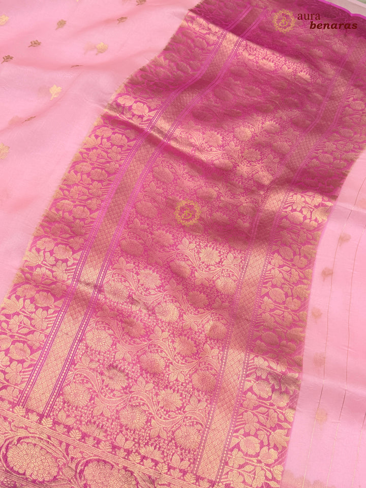 Baby Pink Pure Kora Silk Banarasi Saree with Kadhwa Butis – Aura Benaras
