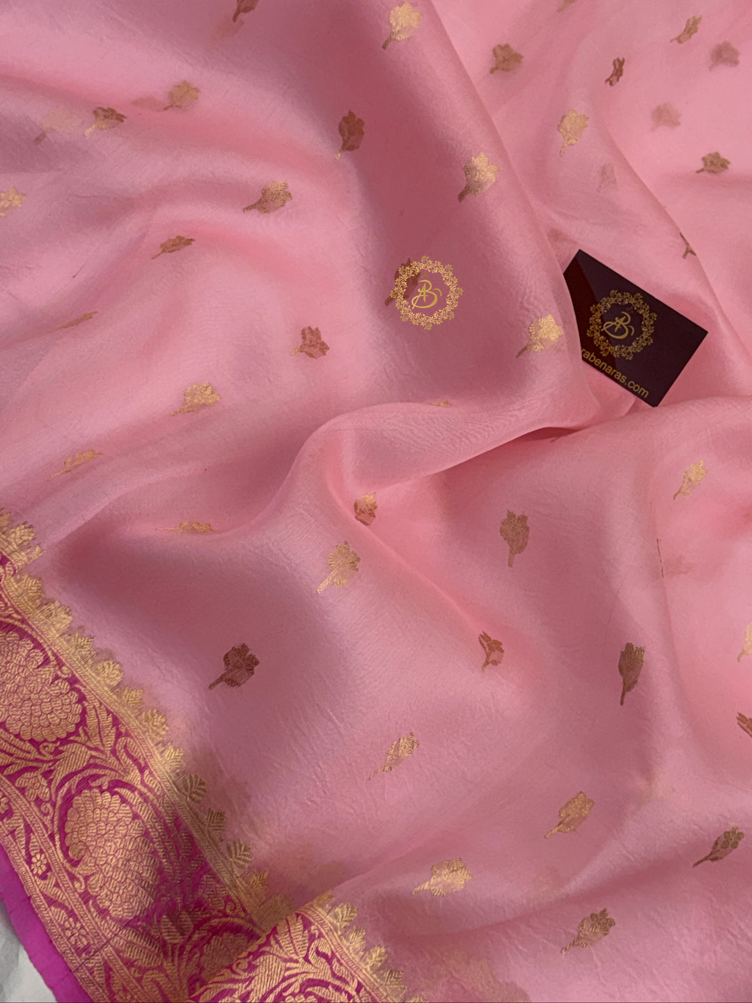 Baby Pink Pure Kora Silk Banarasi Saree with Kadhwa Butis – Aura Benaras