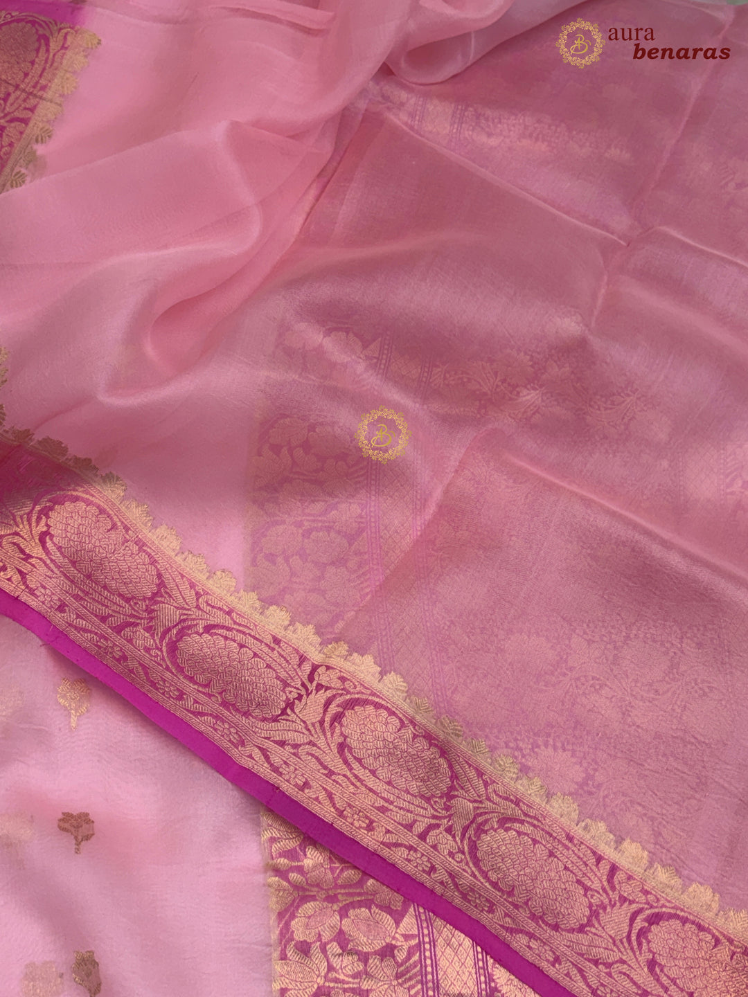 Baby Pink Pure Kora Silk Banarasi Saree with Kadhwa Butis – Aura Benaras