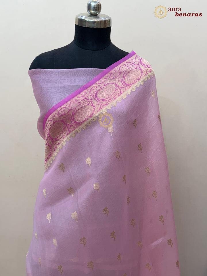Baby Pink Pure Kora Silk Banarasi Saree with Kadhwa Butis – Aura Benaras
