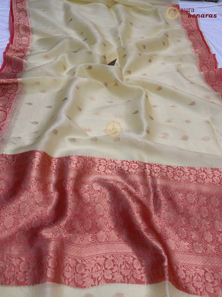 Pastel Yellow Pure Kora Silk Banarasi Saree with Kadhwa Butis – Aura Benaras