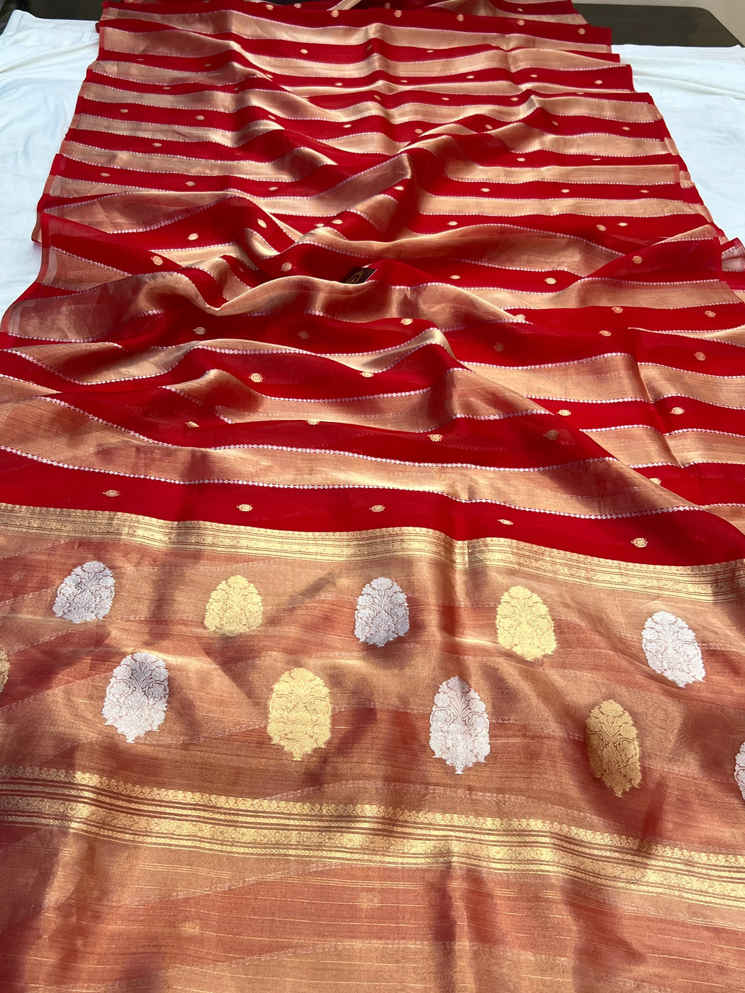 Red Kora Tissue Banarasi Saree with Stripes & Butis