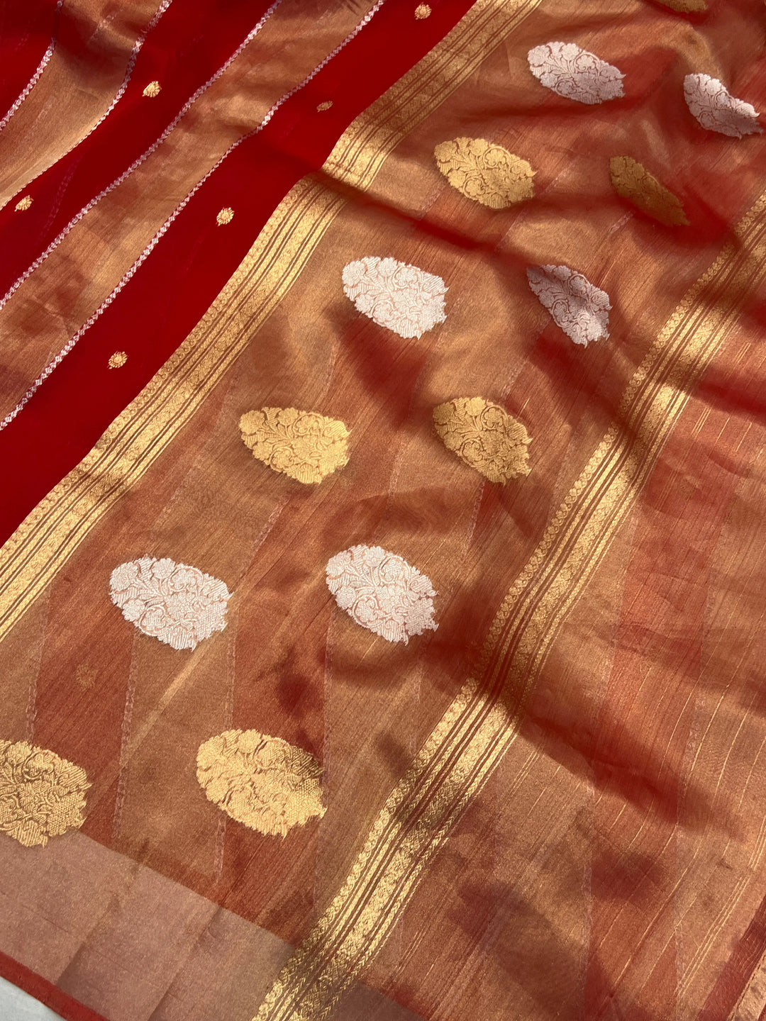 Red Kora Tissue Banarasi Saree with Stripes & Butis