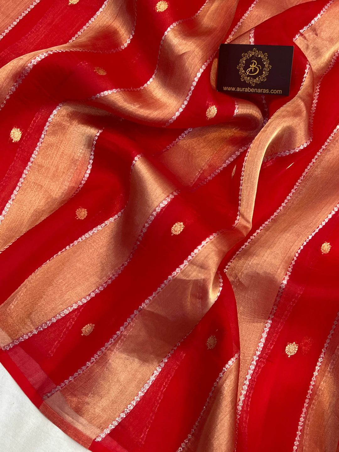 Red Kora Tissue Banarasi Saree with Stripes & Butis