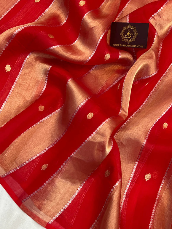 Red Kora Tissue Banarasi Saree with Stripes & Butis