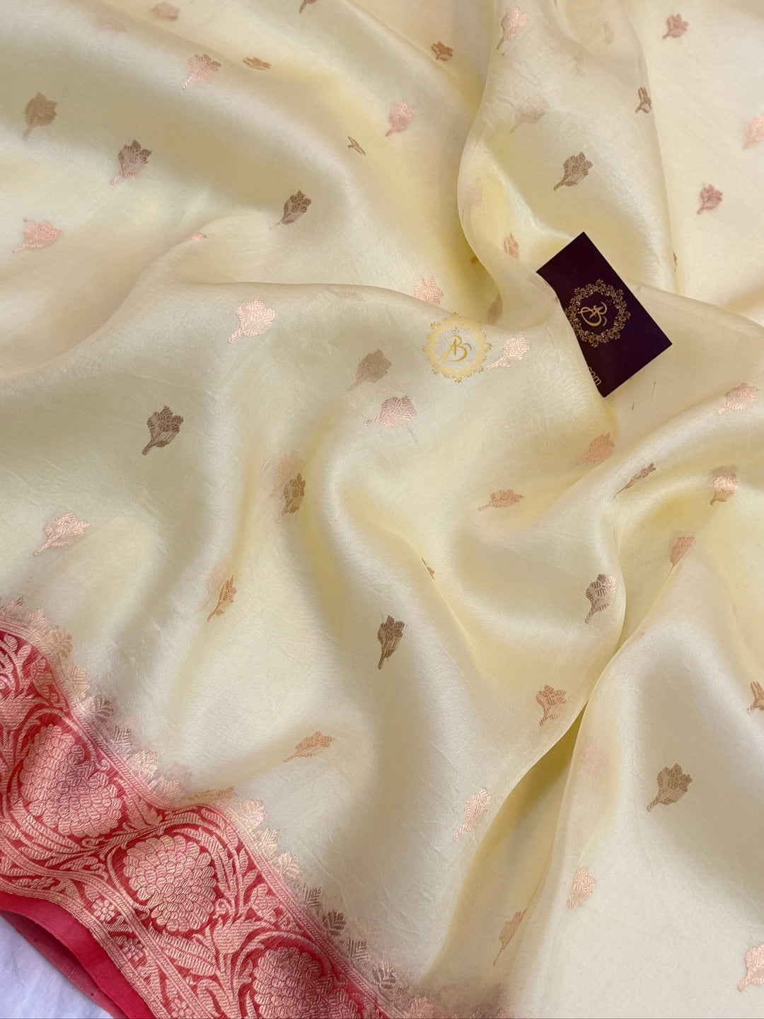 Pastel Yellow Pure Kora Silk Banarasi Saree with Kadhwa Butis – Aura Benaras