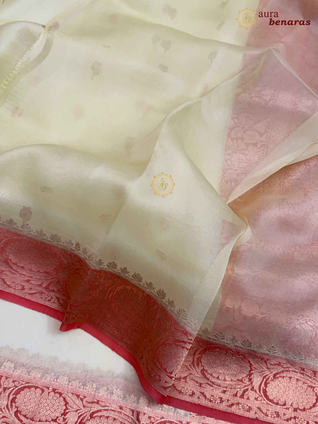 Pastel Yellow Pure Kora Silk Banarasi Saree with Kadhwa Butis – Aura Benaras