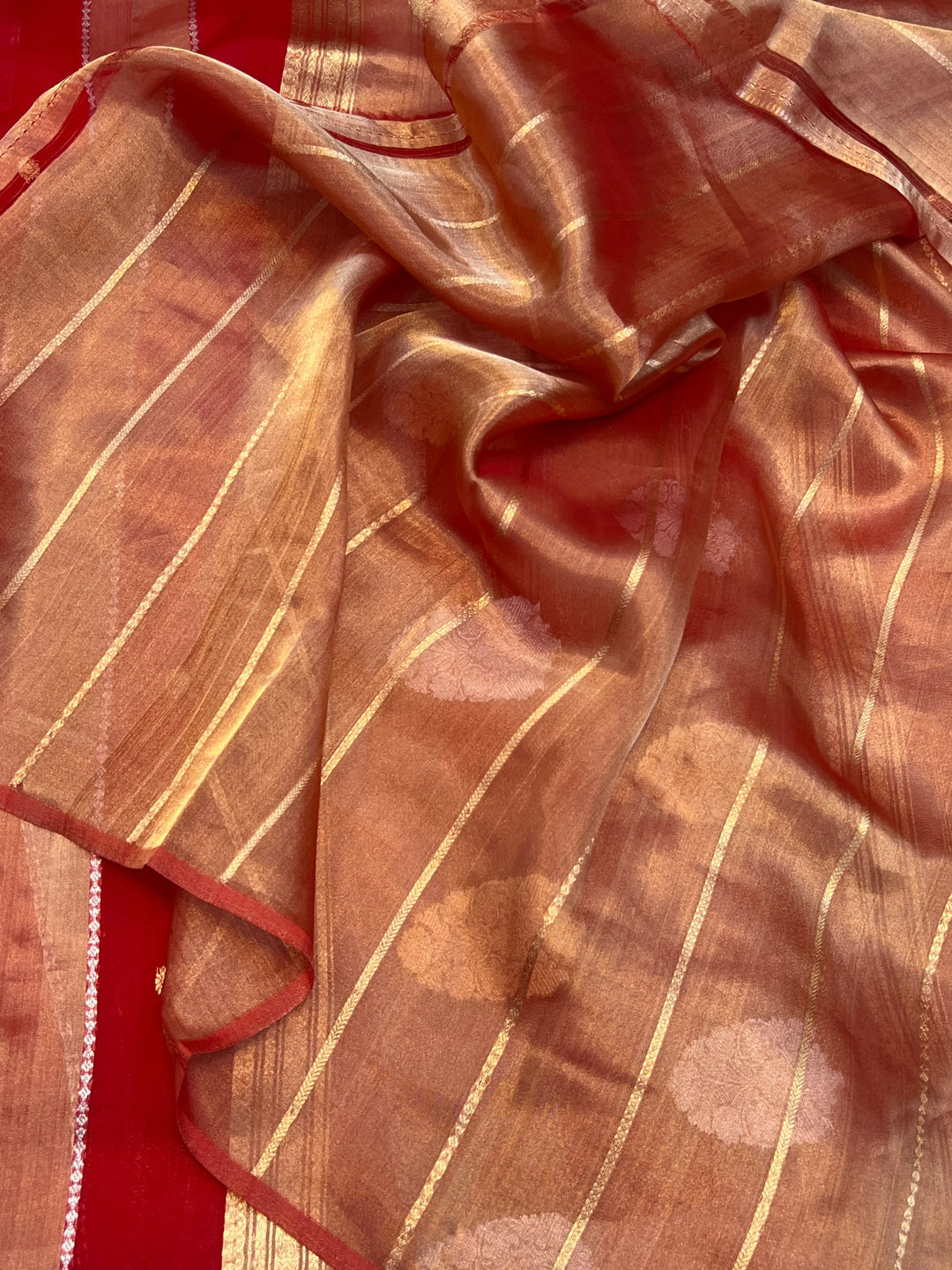 Red Kora Tissue Banarasi Saree with Stripes & Butis