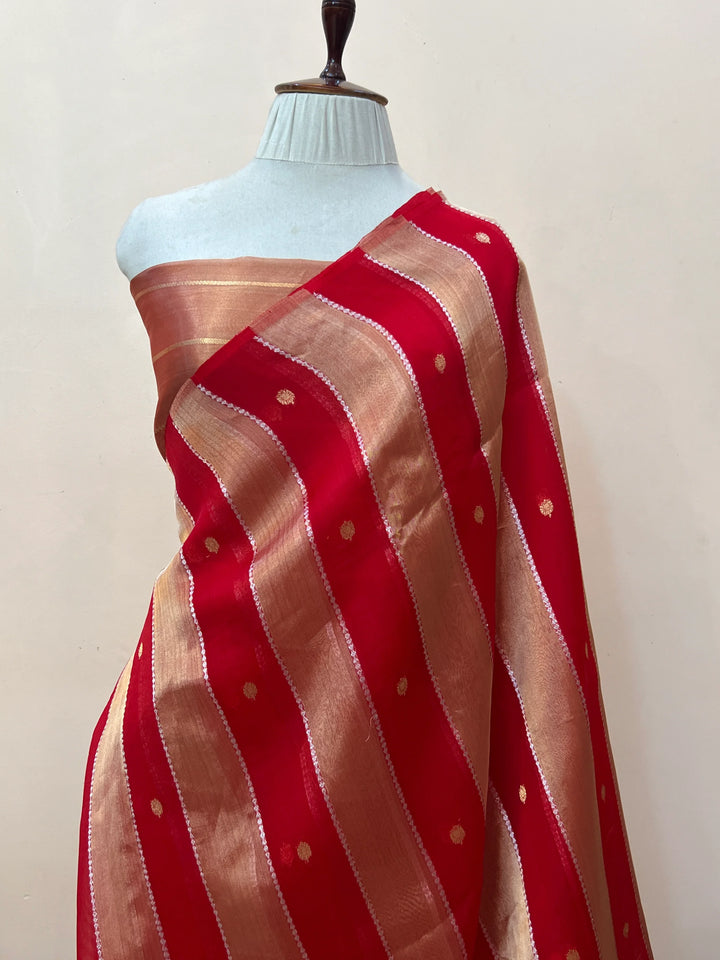 Red Kora Tissue Banarasi Saree with Stripes & Butis