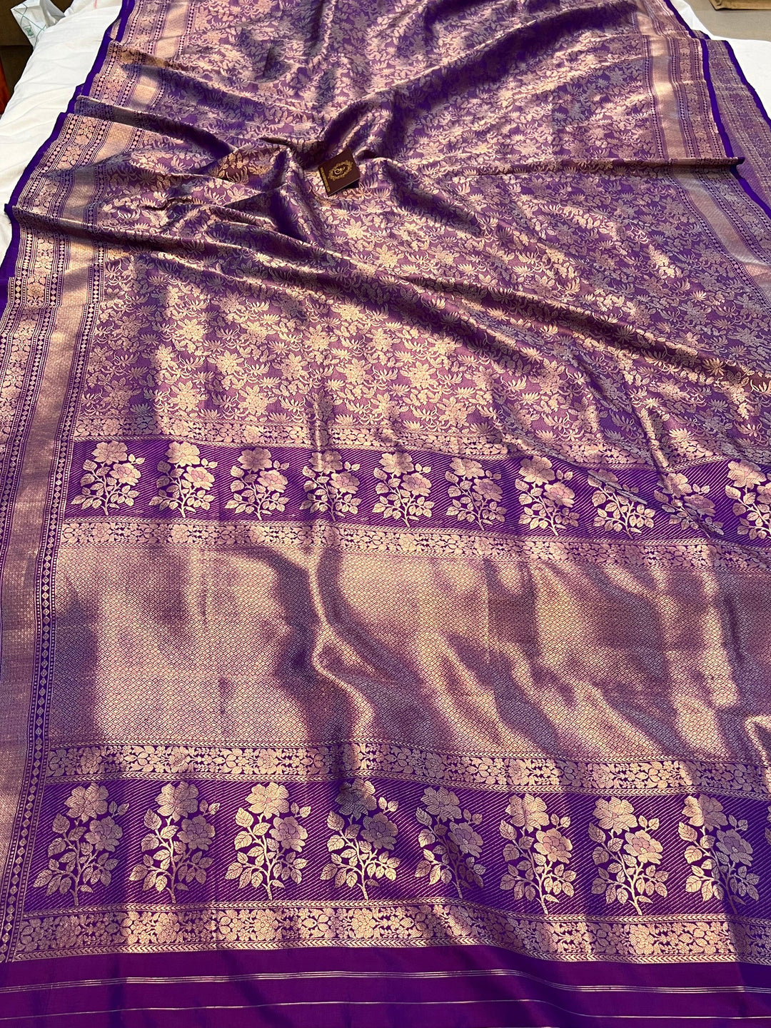 Pure Katan silk handloom Banarasi saree with allover floral brocade work and rich pallu