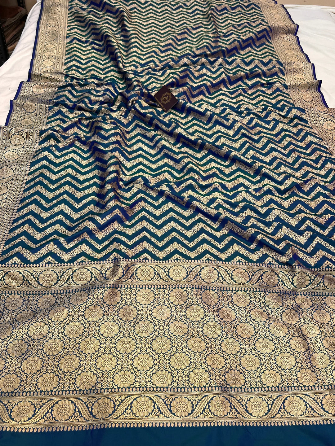 Peacock Blue Pure Katan Silk Handloom Saree | Aura Benaras