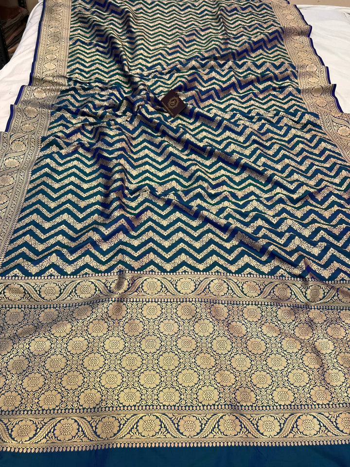 Peacock Blue Pure Katan Silk Handloom Saree | Aura Benaras