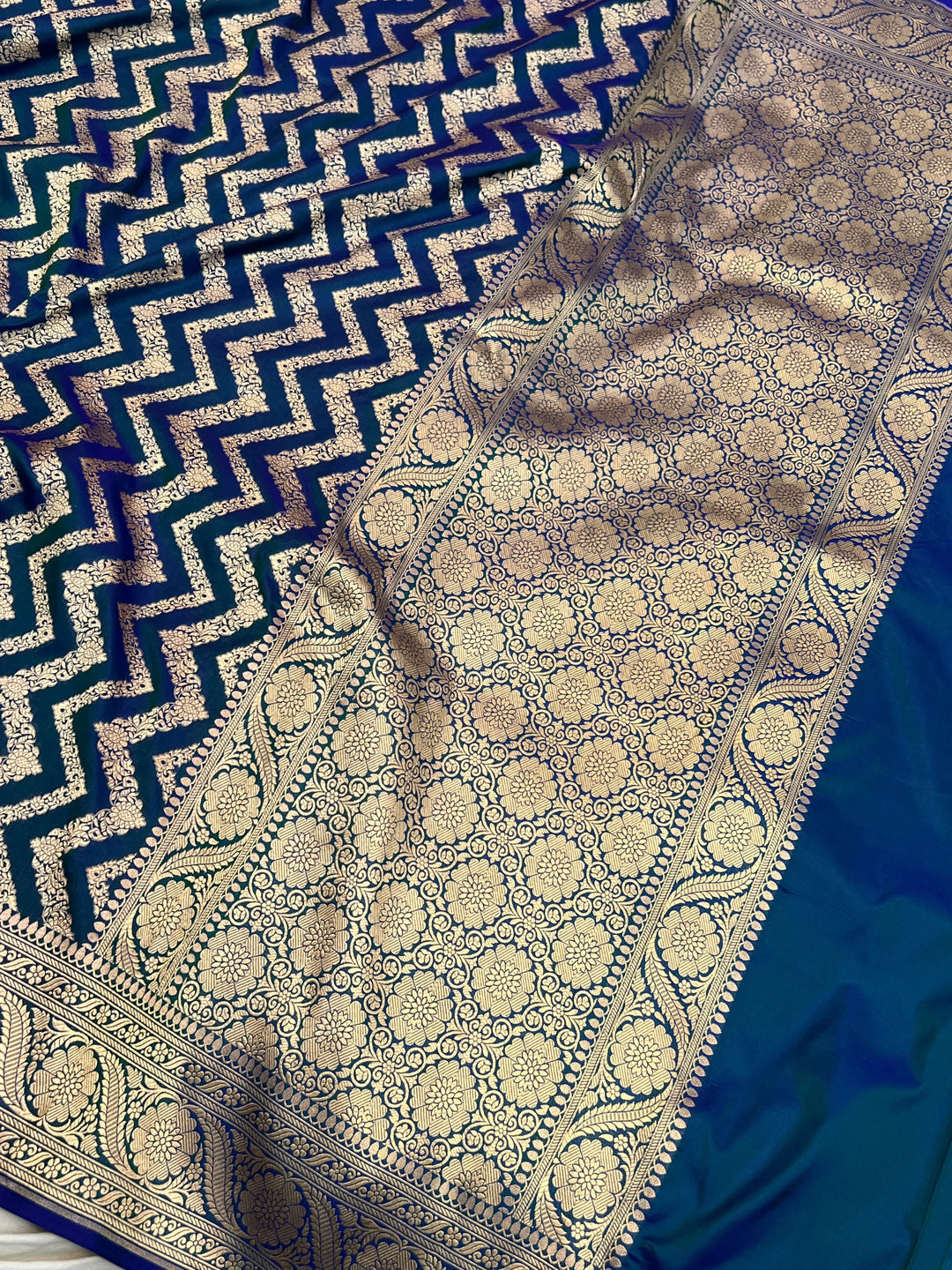 Peacock Blue Pure Katan Silk Handloom Saree | Aura Benaras
