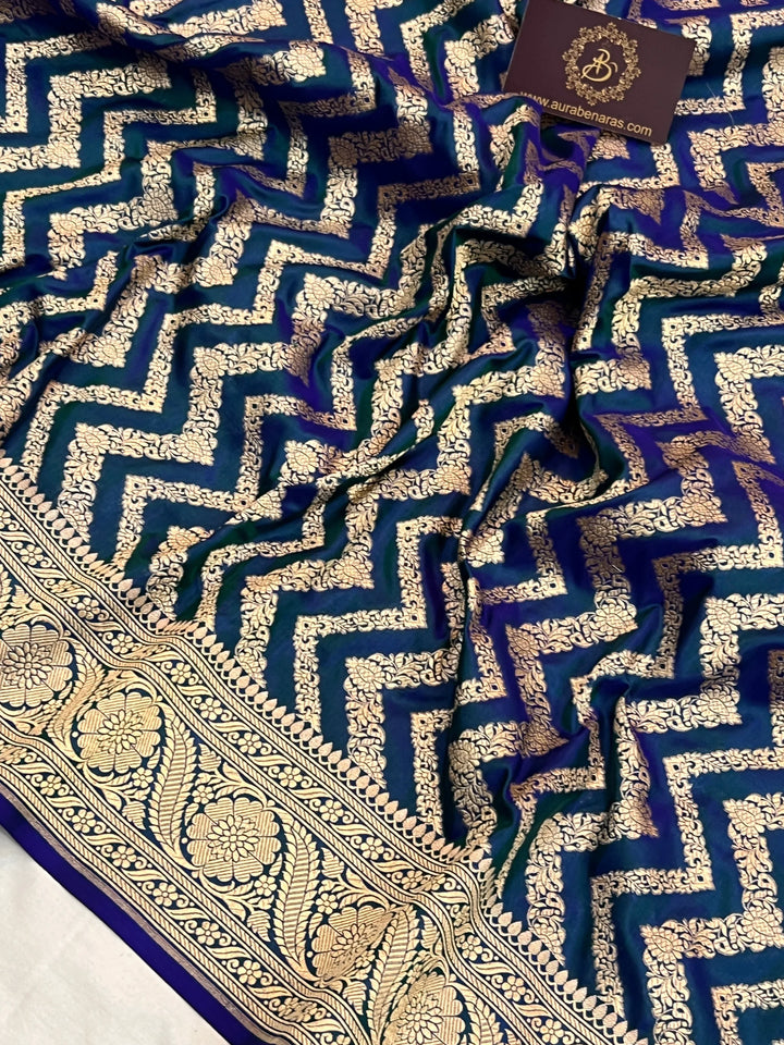 Peacock Blue Pure Katan Silk Handloom Saree | Aura Benaras