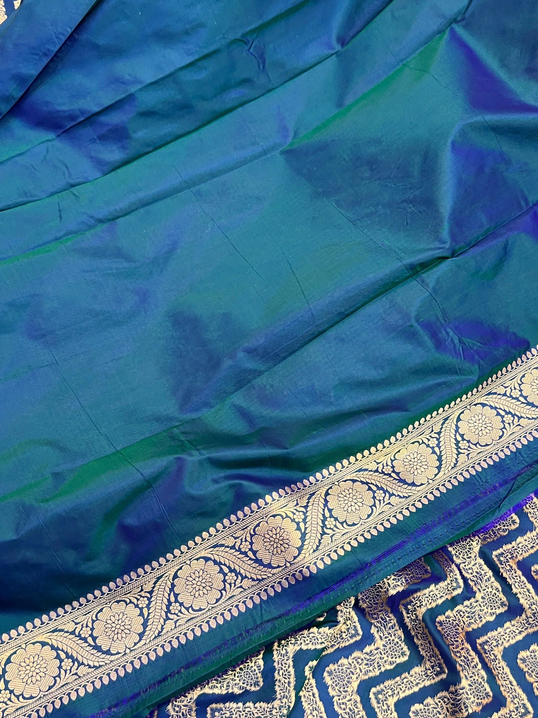 Peacock Blue Pure Katan Silk Handloom Saree | Aura Benaras