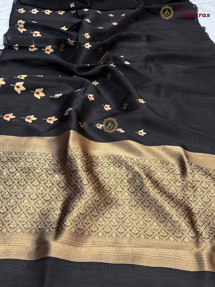 Black Pure Kora Silk Banarasi Saree with Kadhwa Meenakari Lotus
