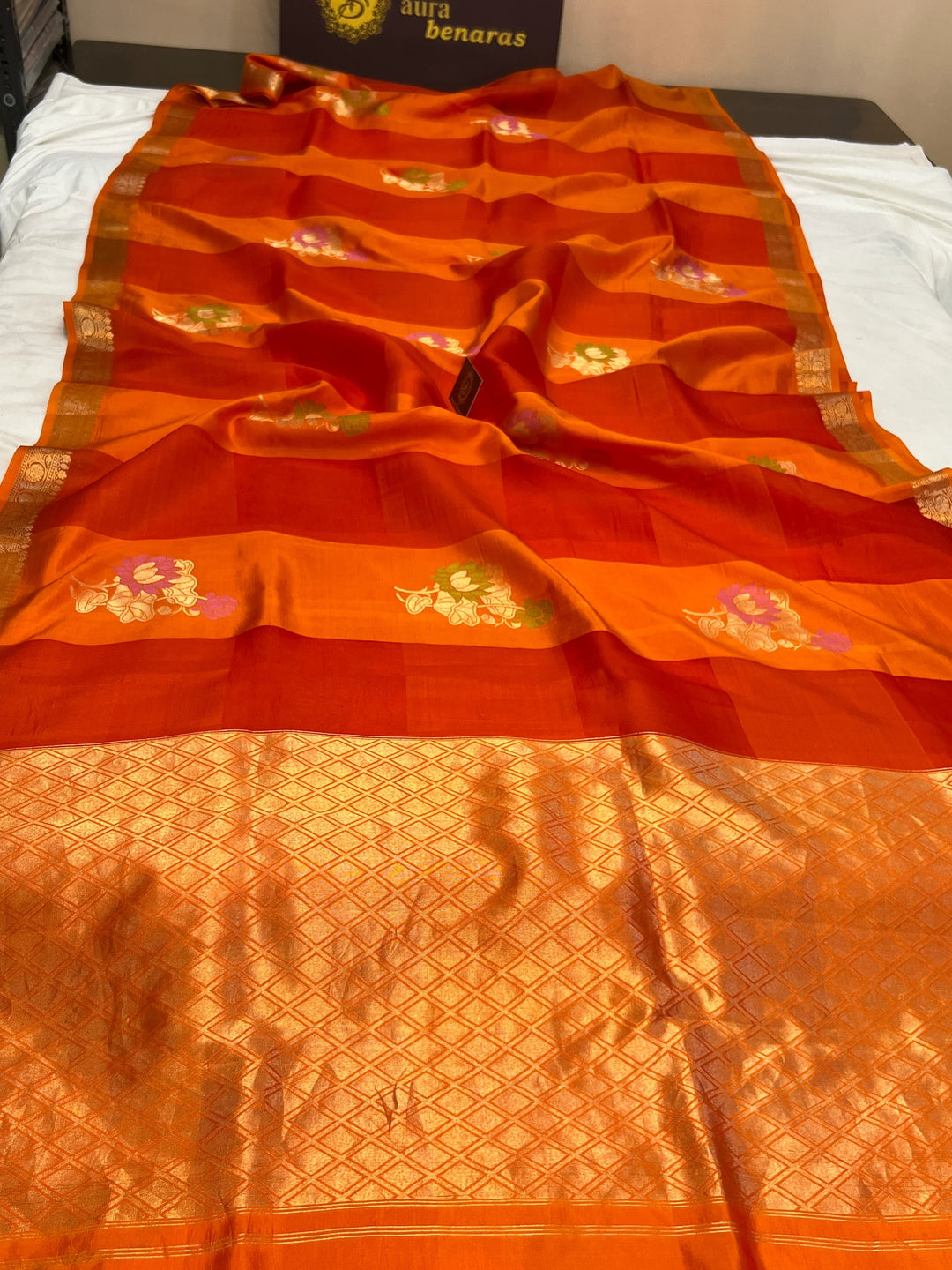 Orange Kora & Silk Banarasi Saree with Stripes & Butis