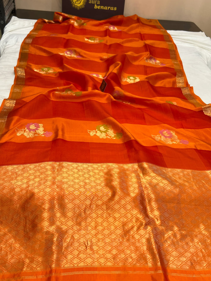 Orange Kora & Silk Banarasi Saree with Stripes & Butis