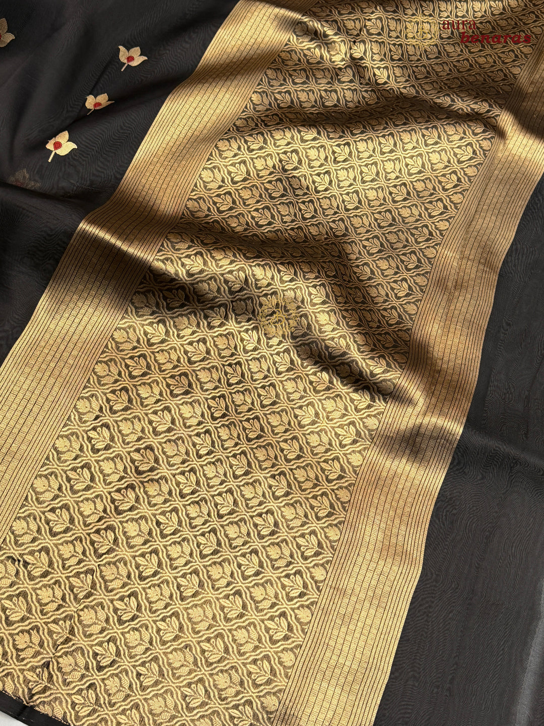 Black Pure Kora Silk Banarasi Saree with Kadhwa Meenakari Lotus