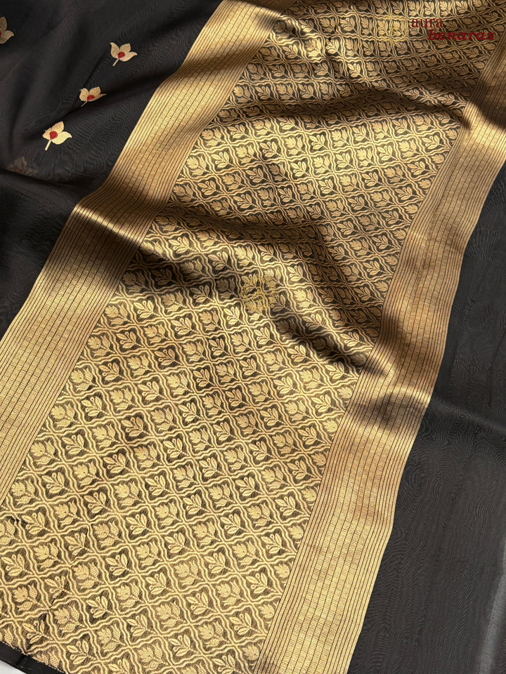 Black Pure Kora Silk Banarasi Saree with Kadhwa Meenakari Lotus