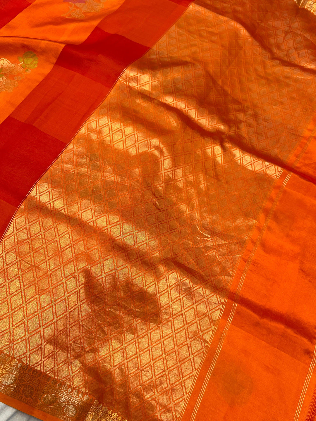 Orange Kora & Silk Banarasi Saree with Stripes & Butis