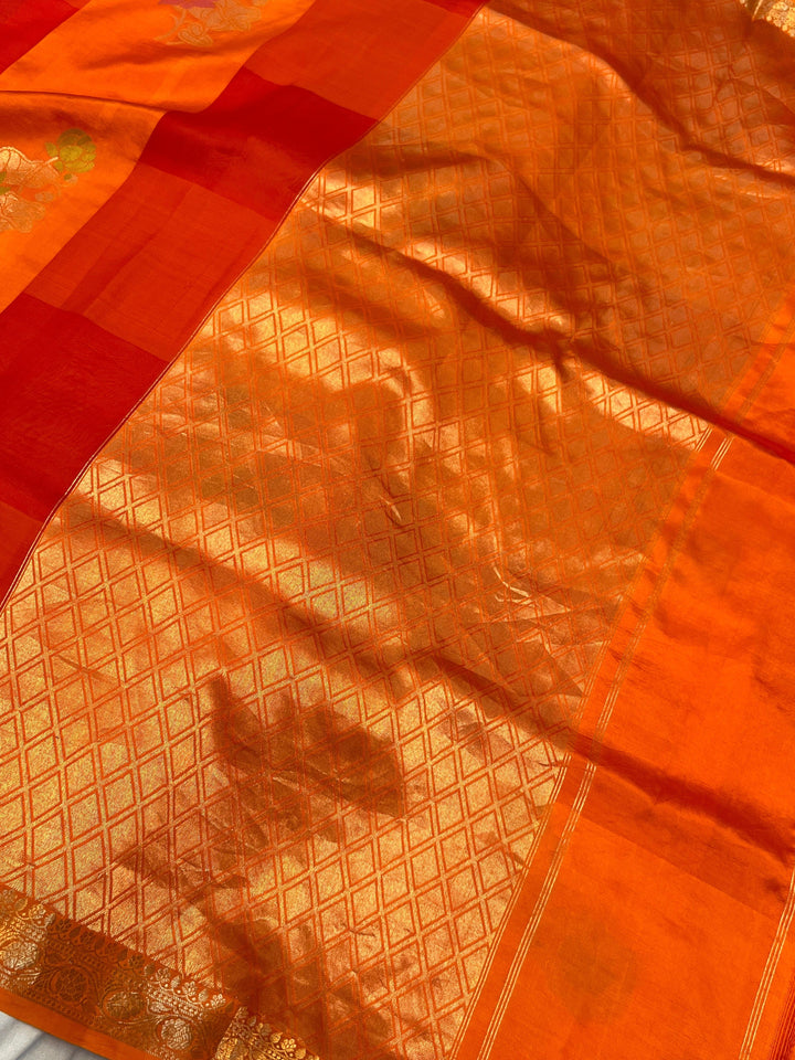 Orange Kora & Silk Banarasi Saree with Stripes & Butis