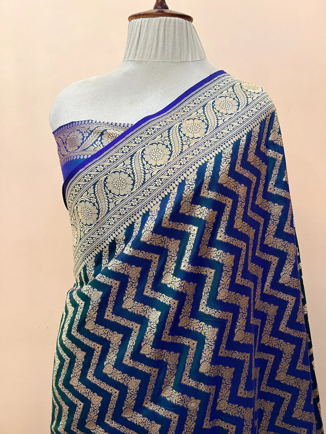 Peacock Blue Pure Katan Silk Handloom Saree | Aura Benaras