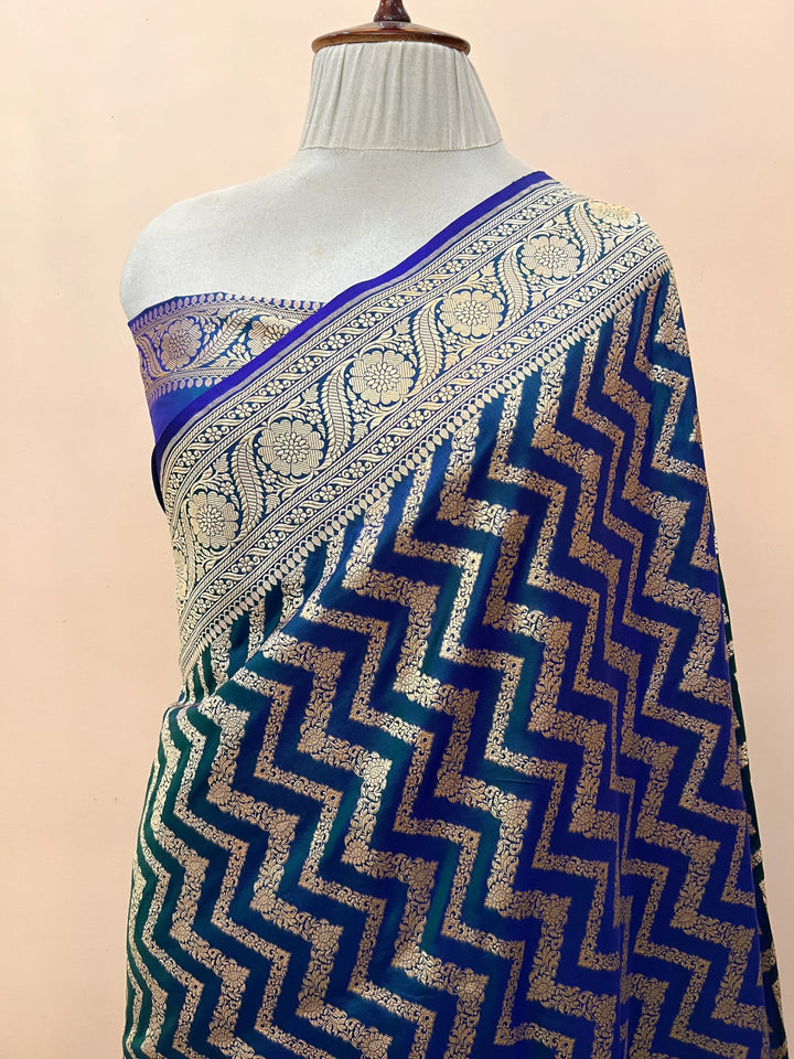 Peacock Blue Pure Katan Silk Handloom Saree | Aura Benaras