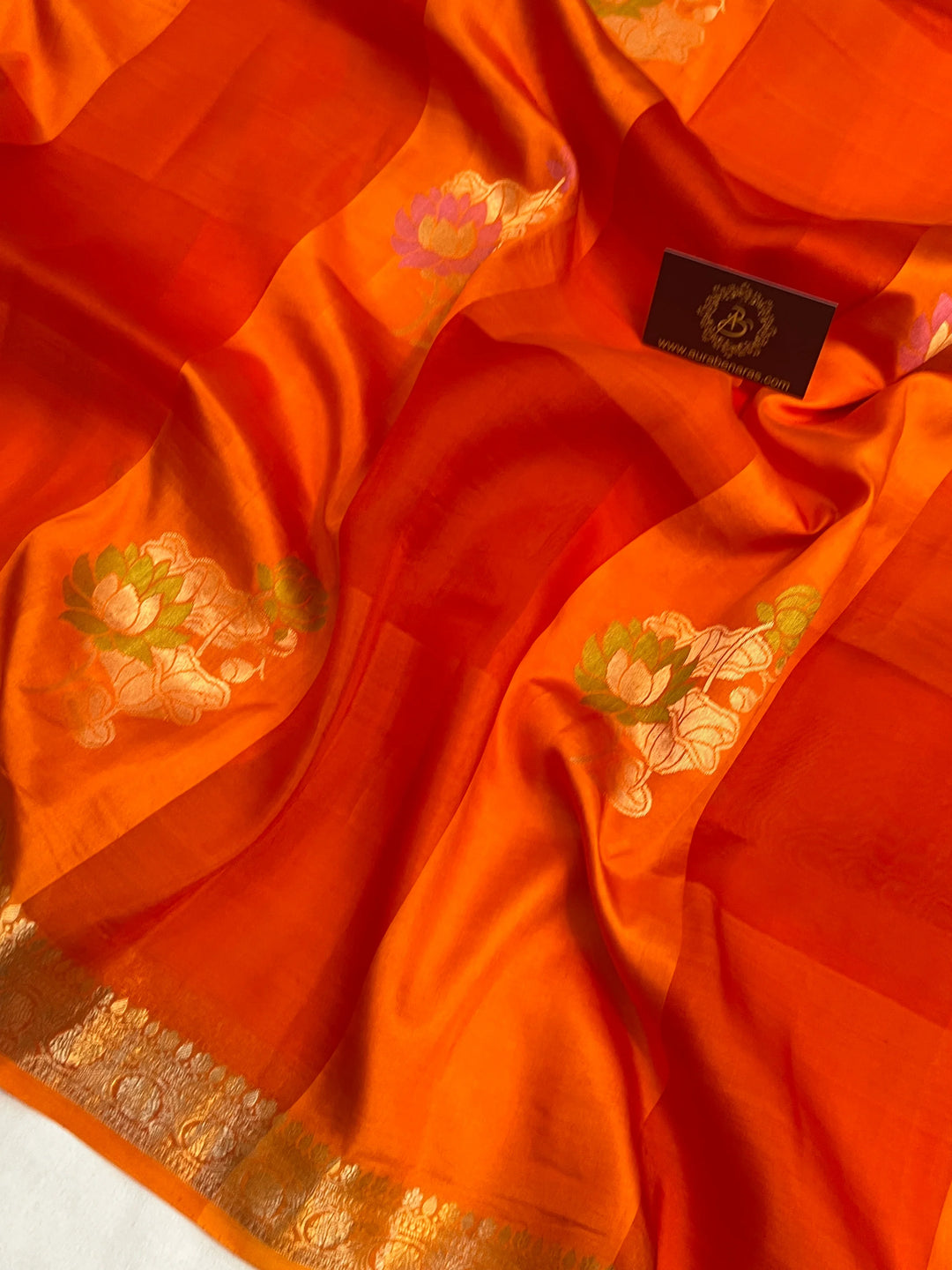 Orange Kora & Silk Banarasi Saree with Stripes & Butis