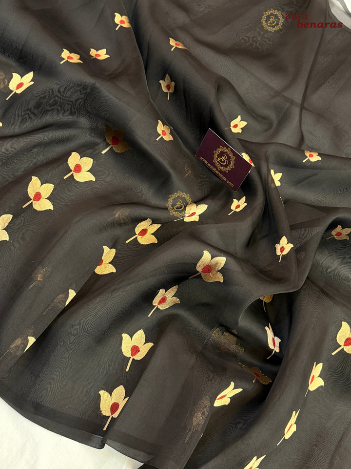 Black Pure Kora Silk Banarasi Saree with Kadhwa Meenakari Lotus