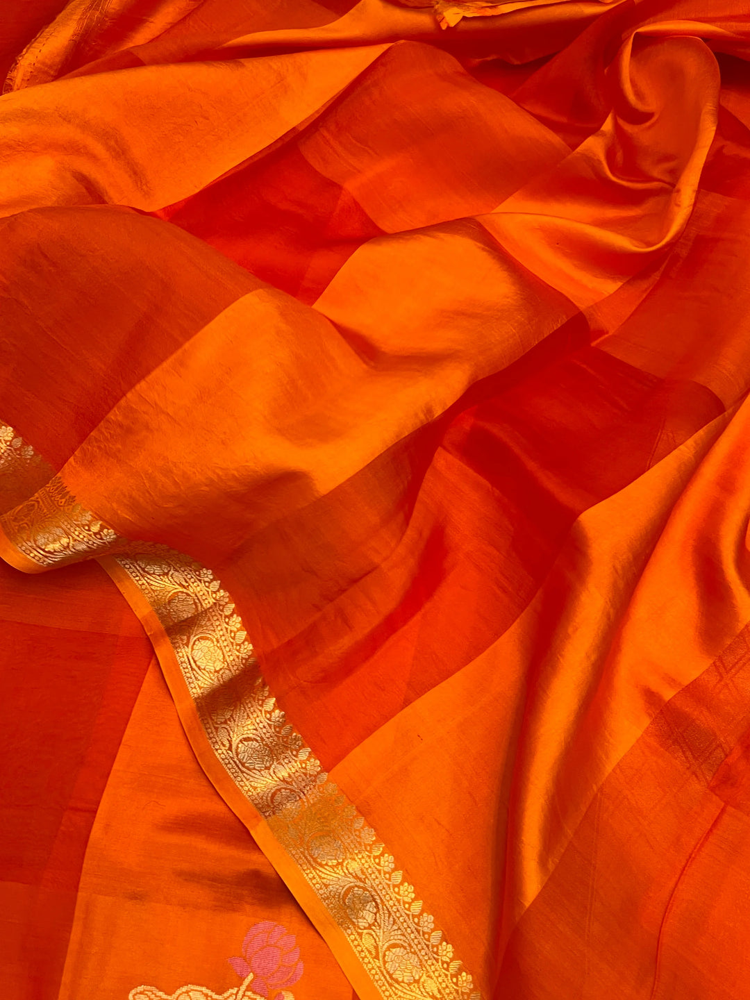 Orange Kora & Silk Banarasi Saree with Stripes & Butis