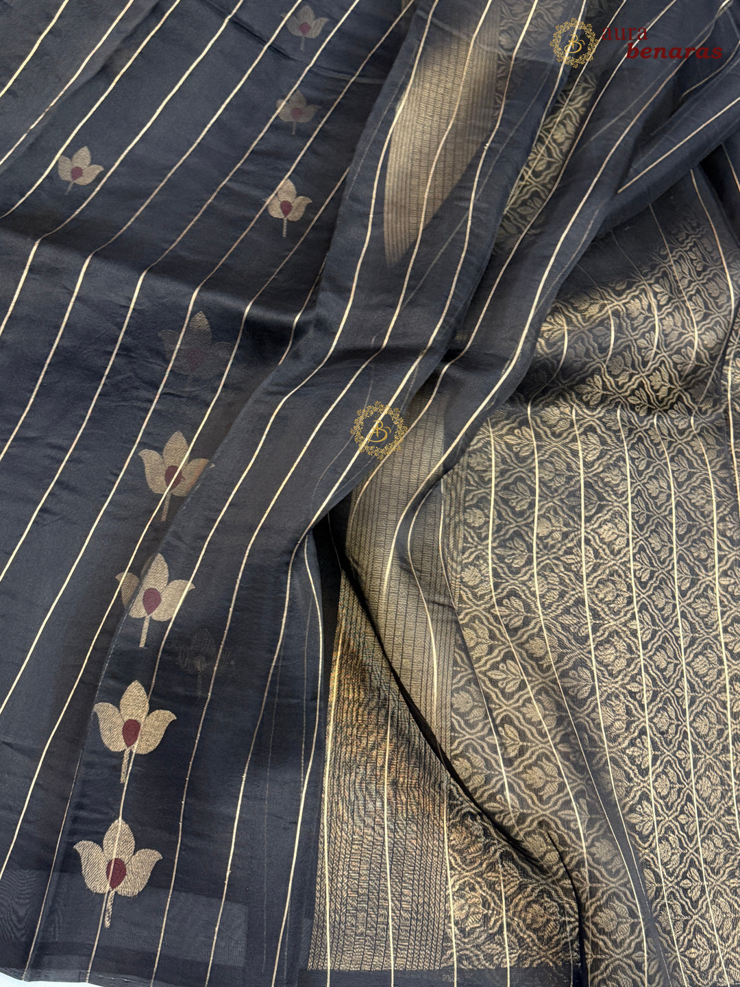 Black Pure Kora Silk Banarasi Saree with Kadhwa Meenakari Lotus