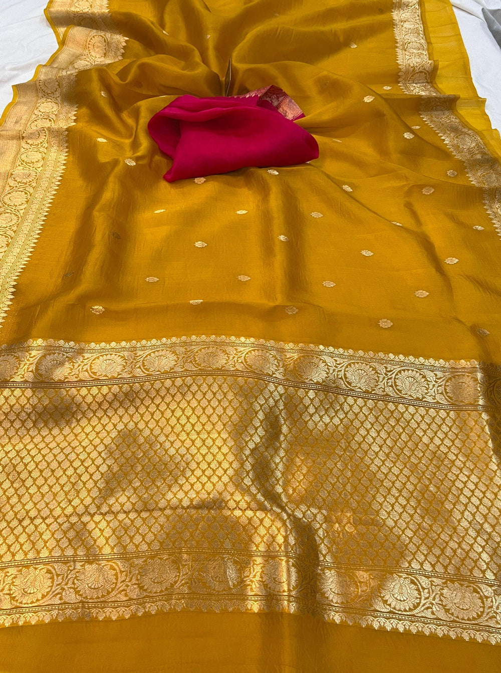 Mustard Yellow Banarasi Handloom Kora Silk Saree - Aura Benaras
