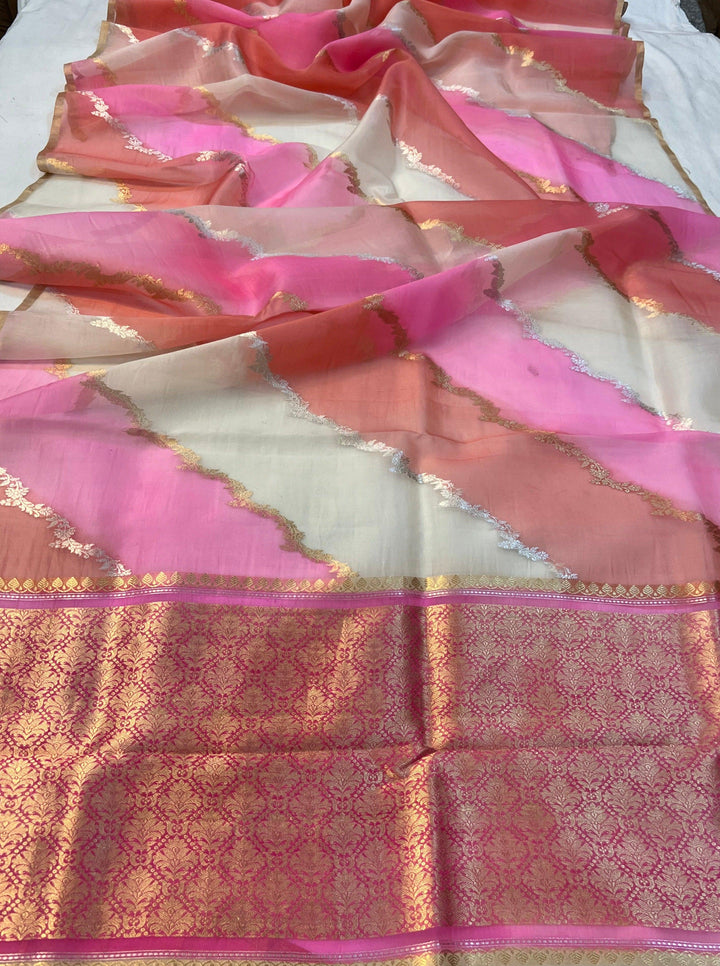 Off White Banarasi Handloom Kora Silk Saree - Aura Benaras